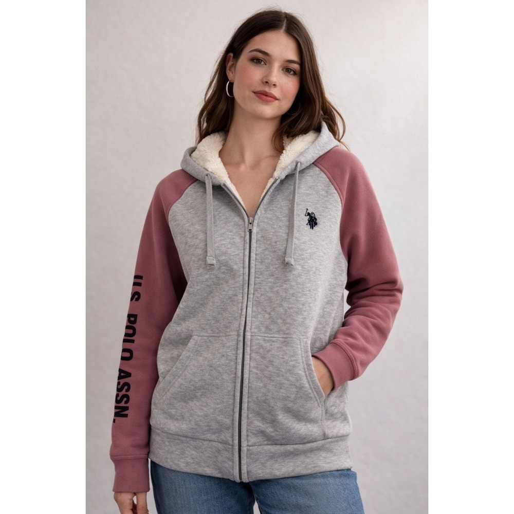 NWT U.S. Polo Assn Sherpa Lined Zip Hoodie Medium Gray Mauve Color Block